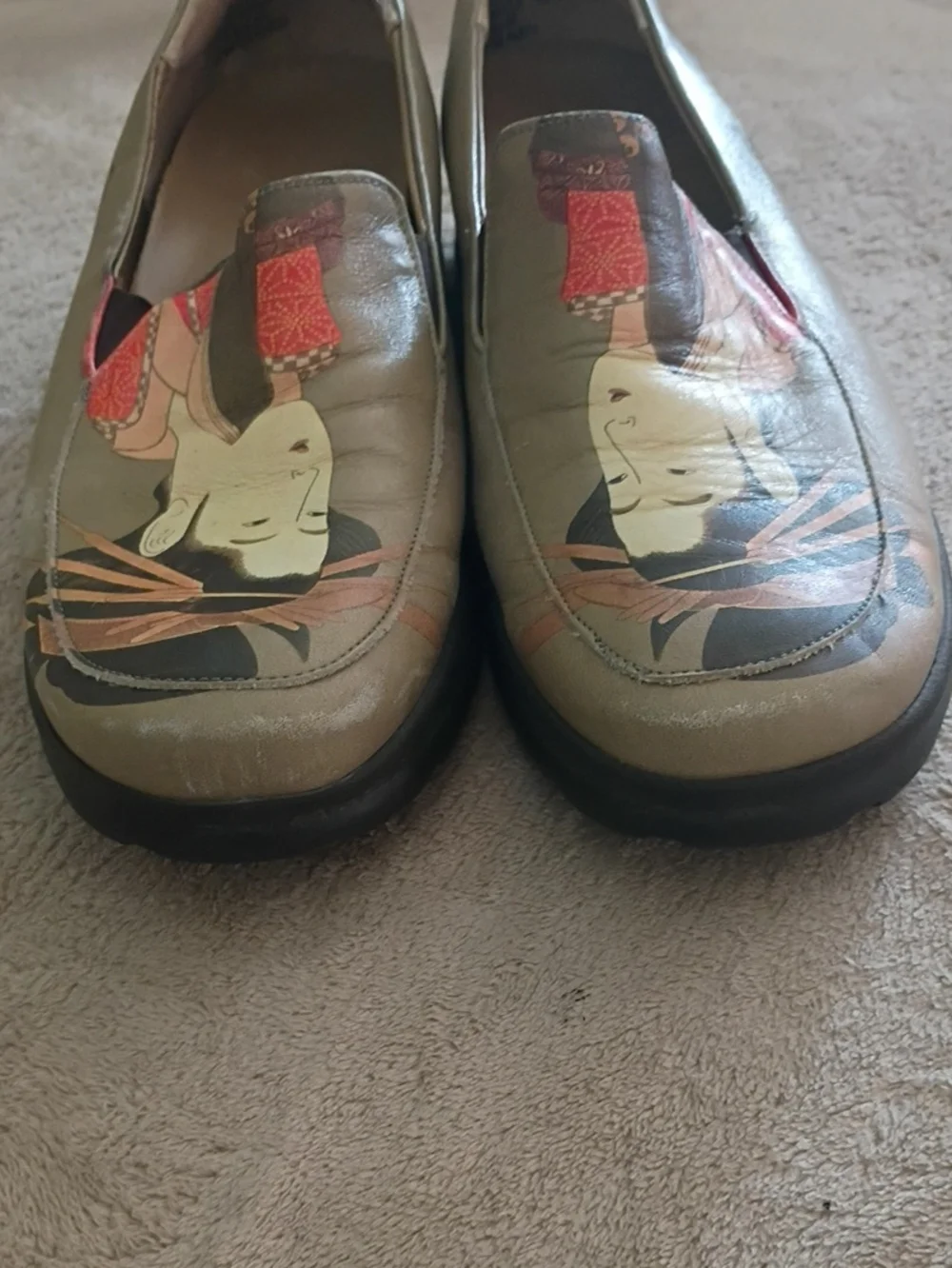 vintage ICON Wearable Art.Artistic Olive  Slip-On Loafers with Geisha Print